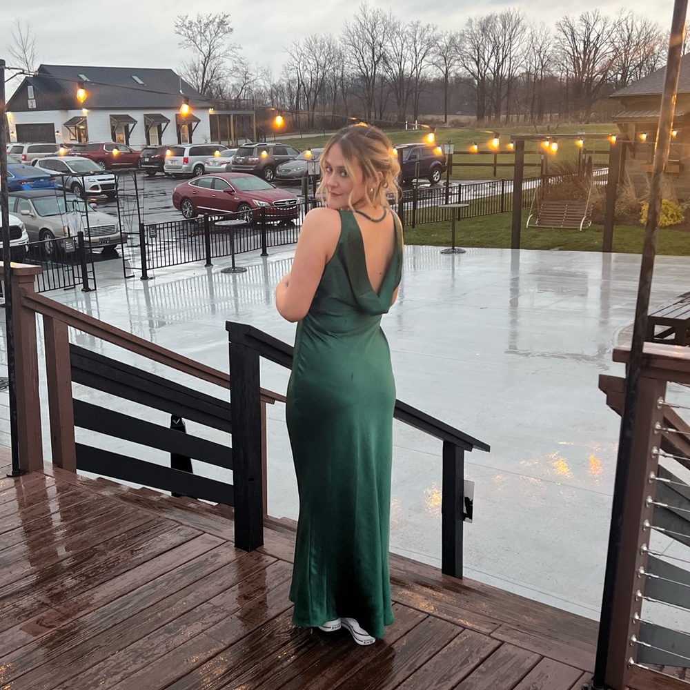 Lulu’s wedding guest dress. Emerald green satin cowl back